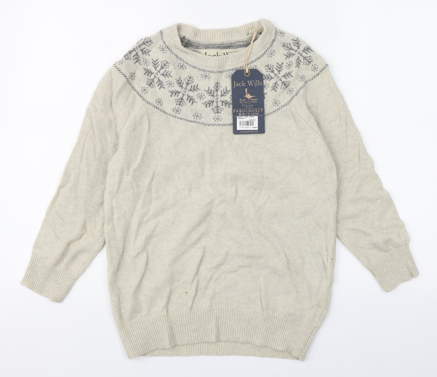 Jack Wills Womens Beige Round Neck Fair Isle Wool Pullover Jumper Size 10