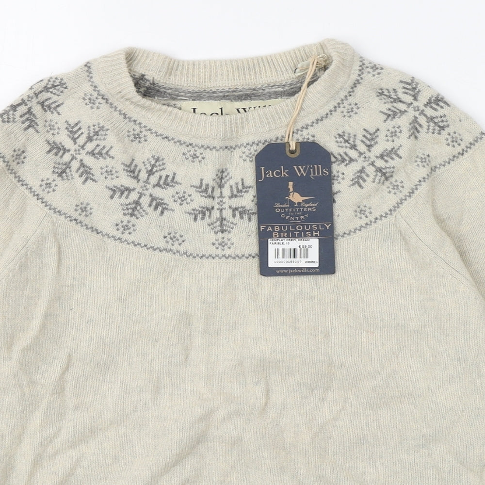 Jack Wills Womens Beige Round Neck Fair Isle Wool Pullover Jumper Size 10