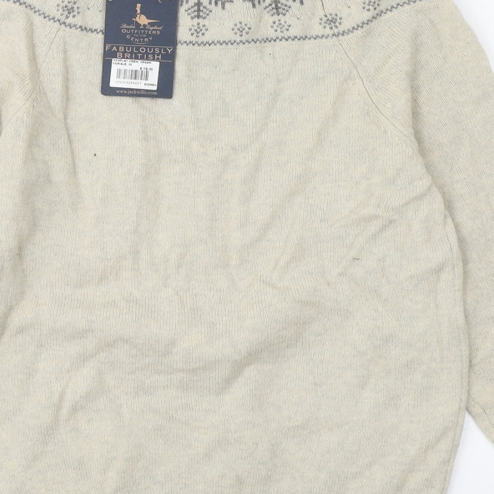 Jack Wills Womens Beige Round Neck Fair Isle Wool Pullover Jumper Size 10
