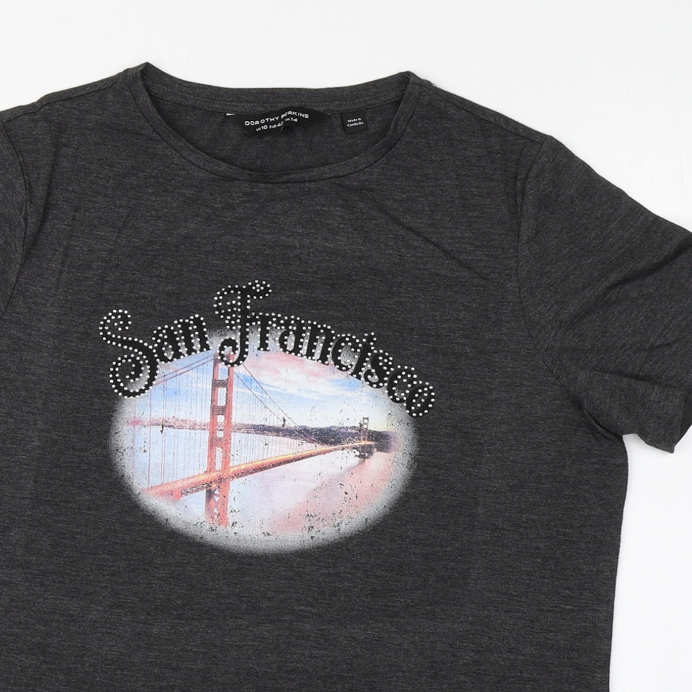Dorothy Perkins Womens Grey  Cotton Basic T-Shirt Size 10 Round Neck