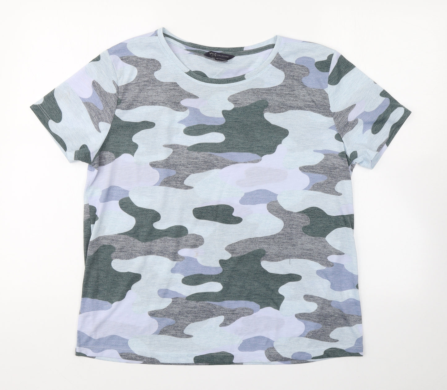 Marks and Spencer Womens Blue Camouflage 100% Cotton Basic T-Shirt Size 14 Boat Neck