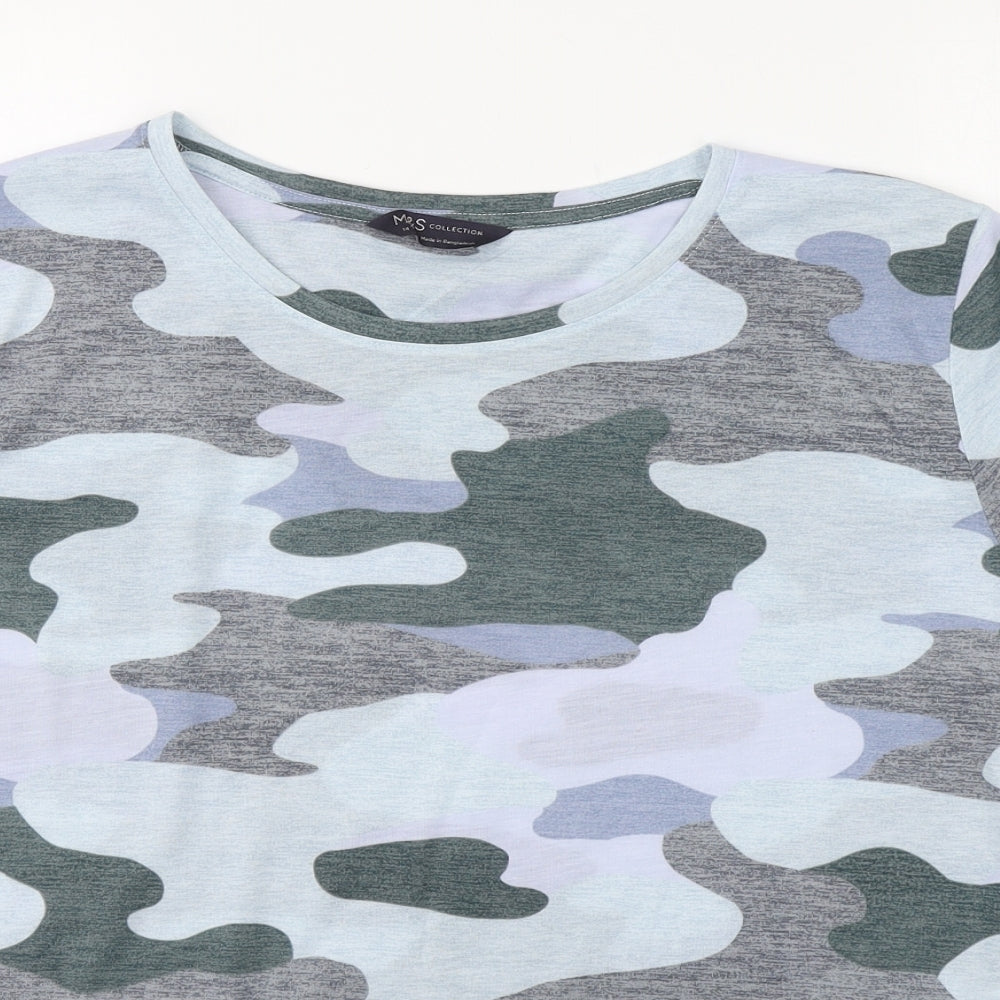 Marks and Spencer Womens Blue Camouflage 100% Cotton Basic T-Shirt Size 14 Boat Neck