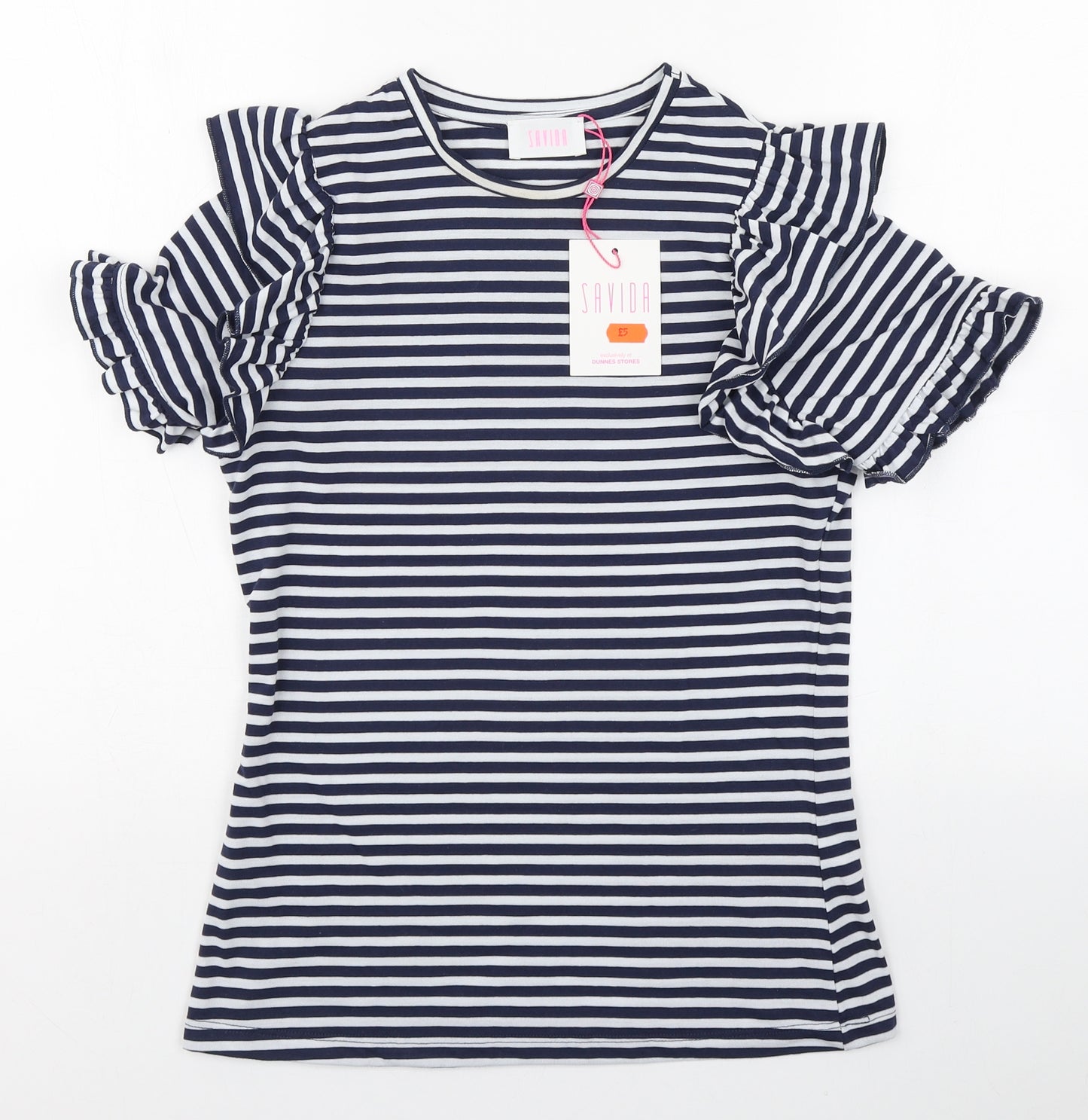 Savida Womens Blue Striped 100% Cotton Basic T-Shirt Size XS Round Neck