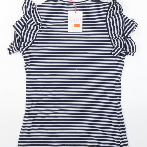 Savida Womens Blue Striped 100% Cotton Basic T-Shirt Size XS Round Neck