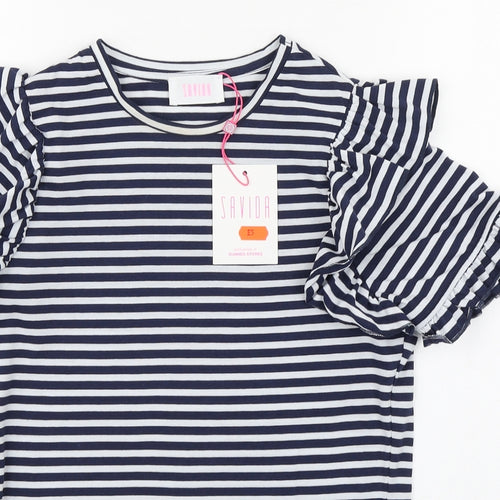 Savida Womens Blue Striped 100% Cotton Basic T-Shirt Size XS Round Neck