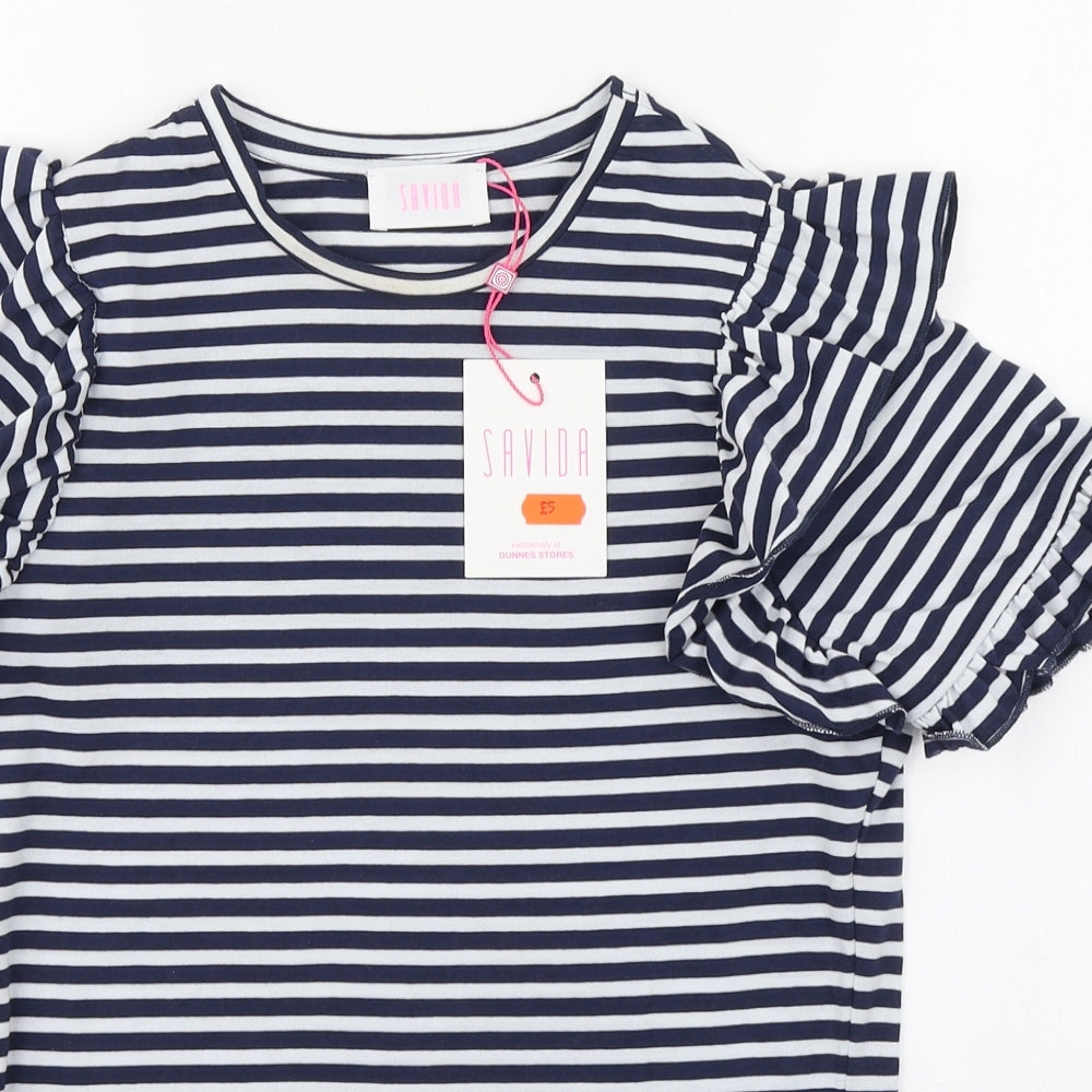 Savida Womens Blue Striped 100% Cotton Basic T-Shirt Size XS Round Neck