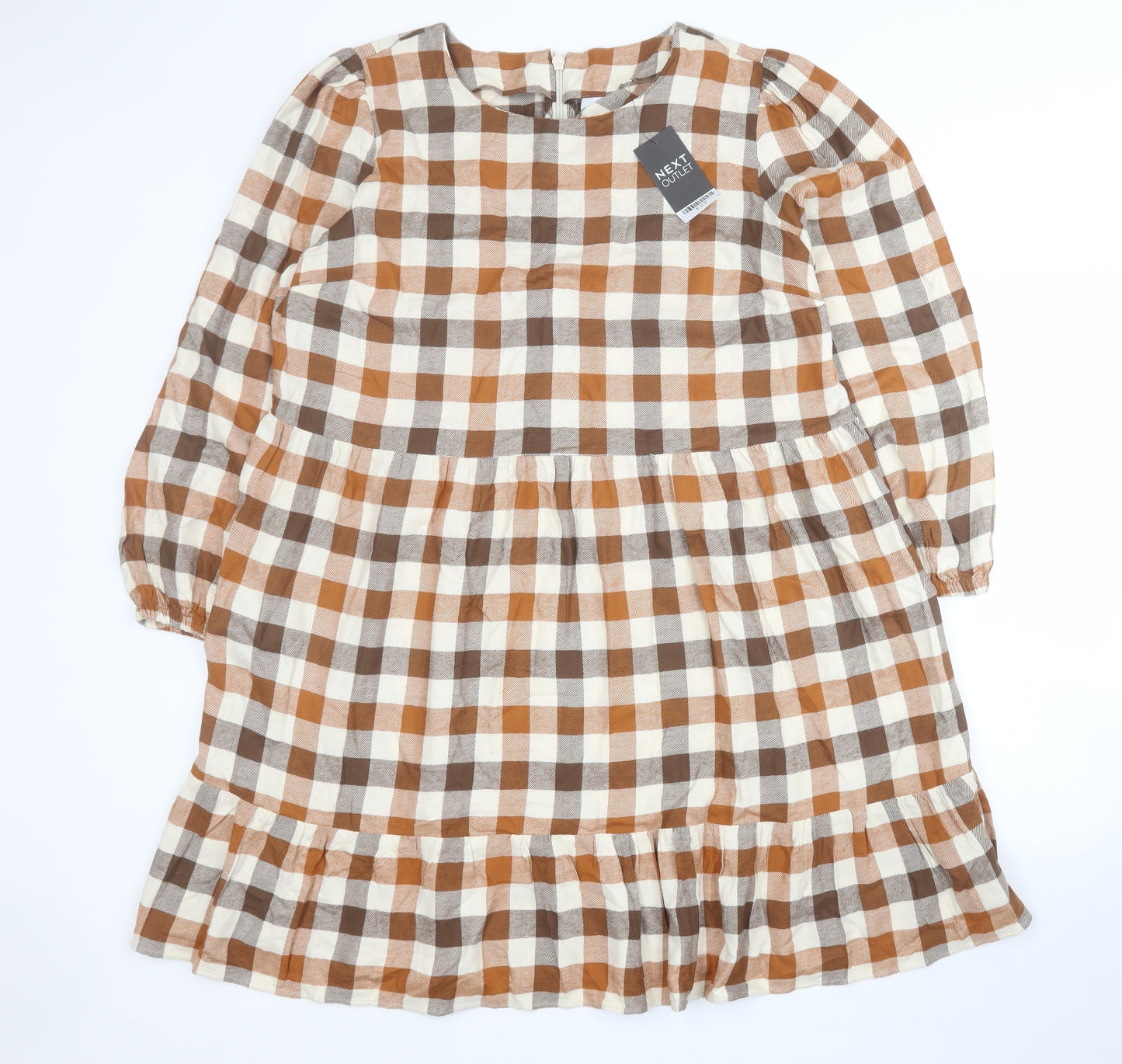 NEXT Womens Orange Plaid Viscose Shift  Size 16  Round Neck Zip