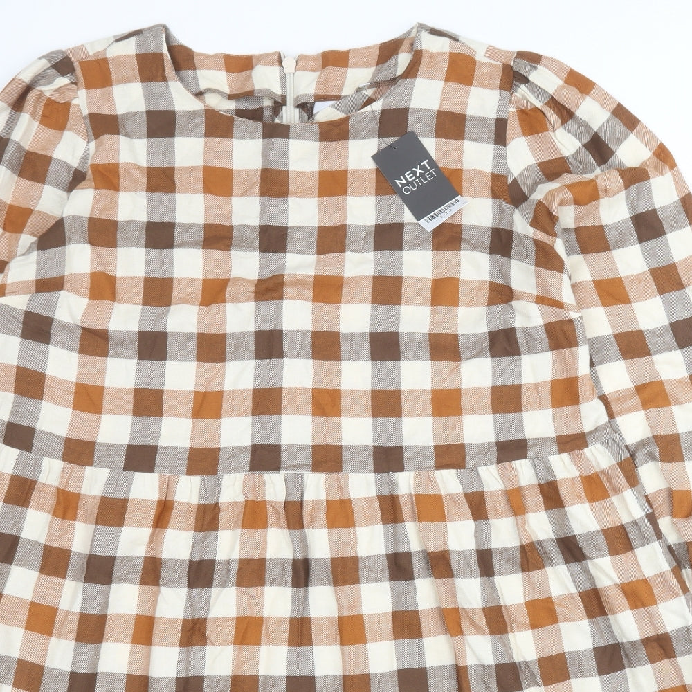 NEXT Womens Orange Plaid Viscose Shift  Size 16  Round Neck Zip