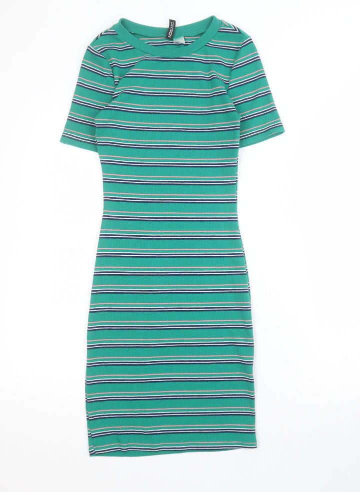 H&M Womens Green Striped Polyester Bodycon Size XS Crew Neck Pullover - Ribbed