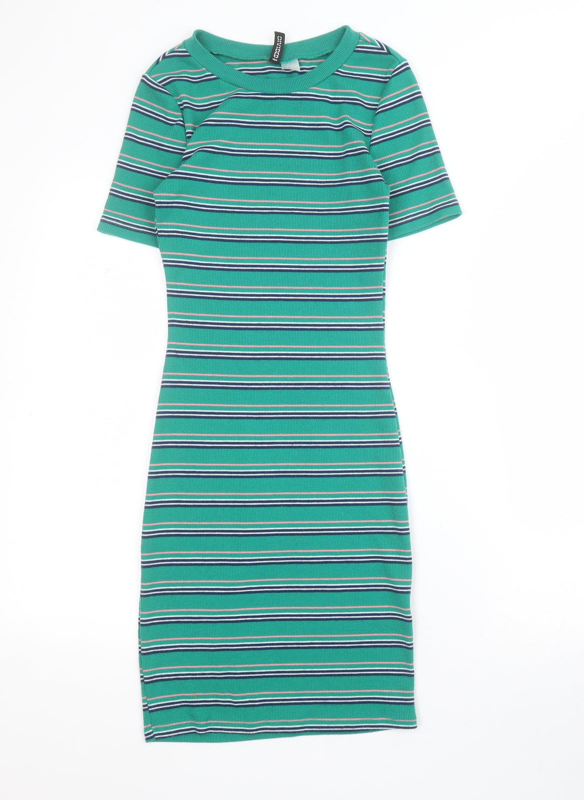 H&M Womens Green Striped Polyester Bodycon  Size XS  Crew Neck Pullover - Ribbed