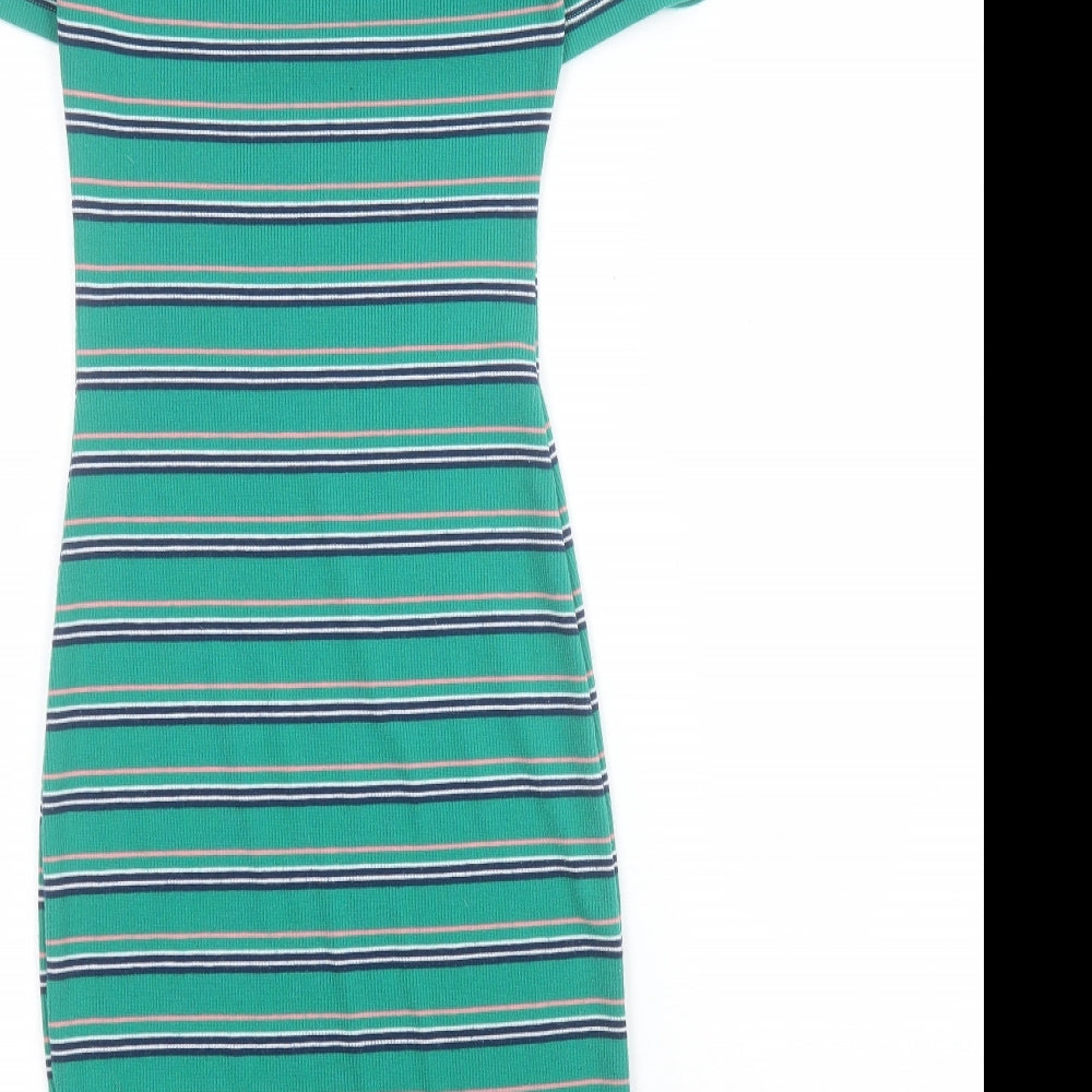 H&M Womens Green Striped Polyester Bodycon  Size XS  Crew Neck Pullover - Ribbed
