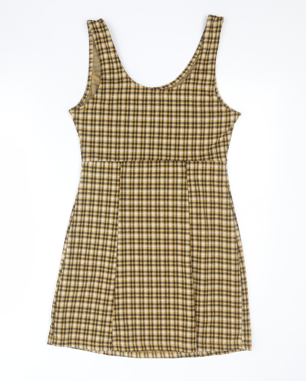 New Look Womens Yellow Plaid Polyester Bodycon  Size 8  Round Neck Pullover