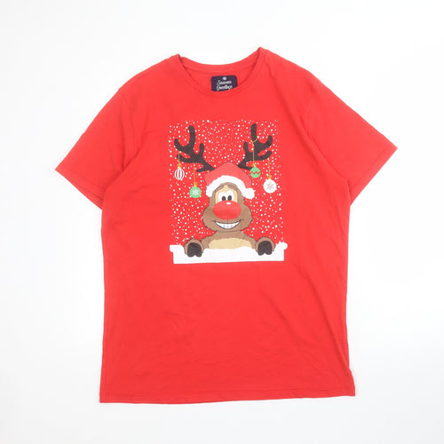 Matalan Mens Red  Cotton  T-Shirt Size L Crew Neck  - Christmas