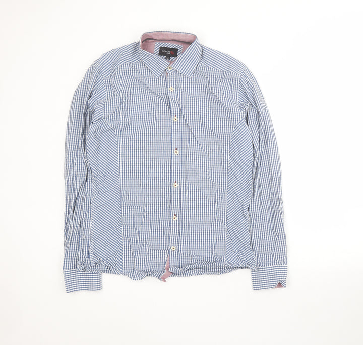 REMUS Mens Blue Plaid Cotton Button-Up Size M Collared Button