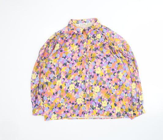 Front view of Les Acolytes women’s purple floral viscose basic button-up, size L, collared