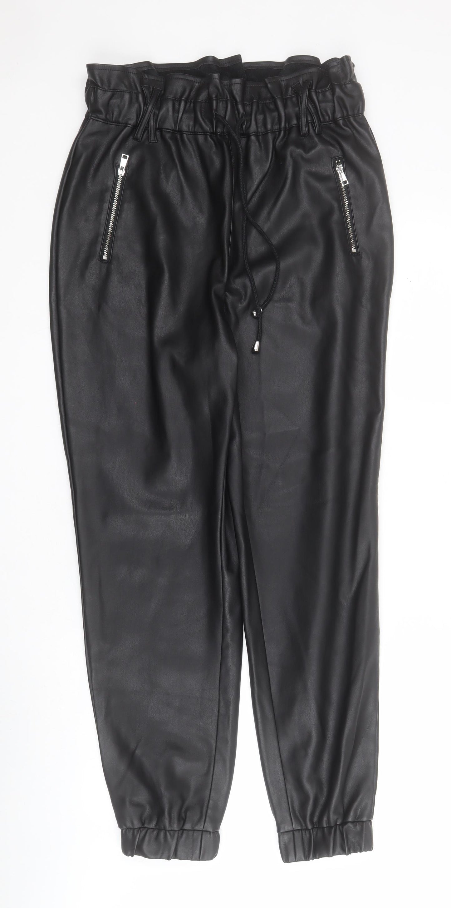 Very Womens Black  Polyester Jogger Trousers Size 12 L28 in Regular Drawstring - Faux leather
