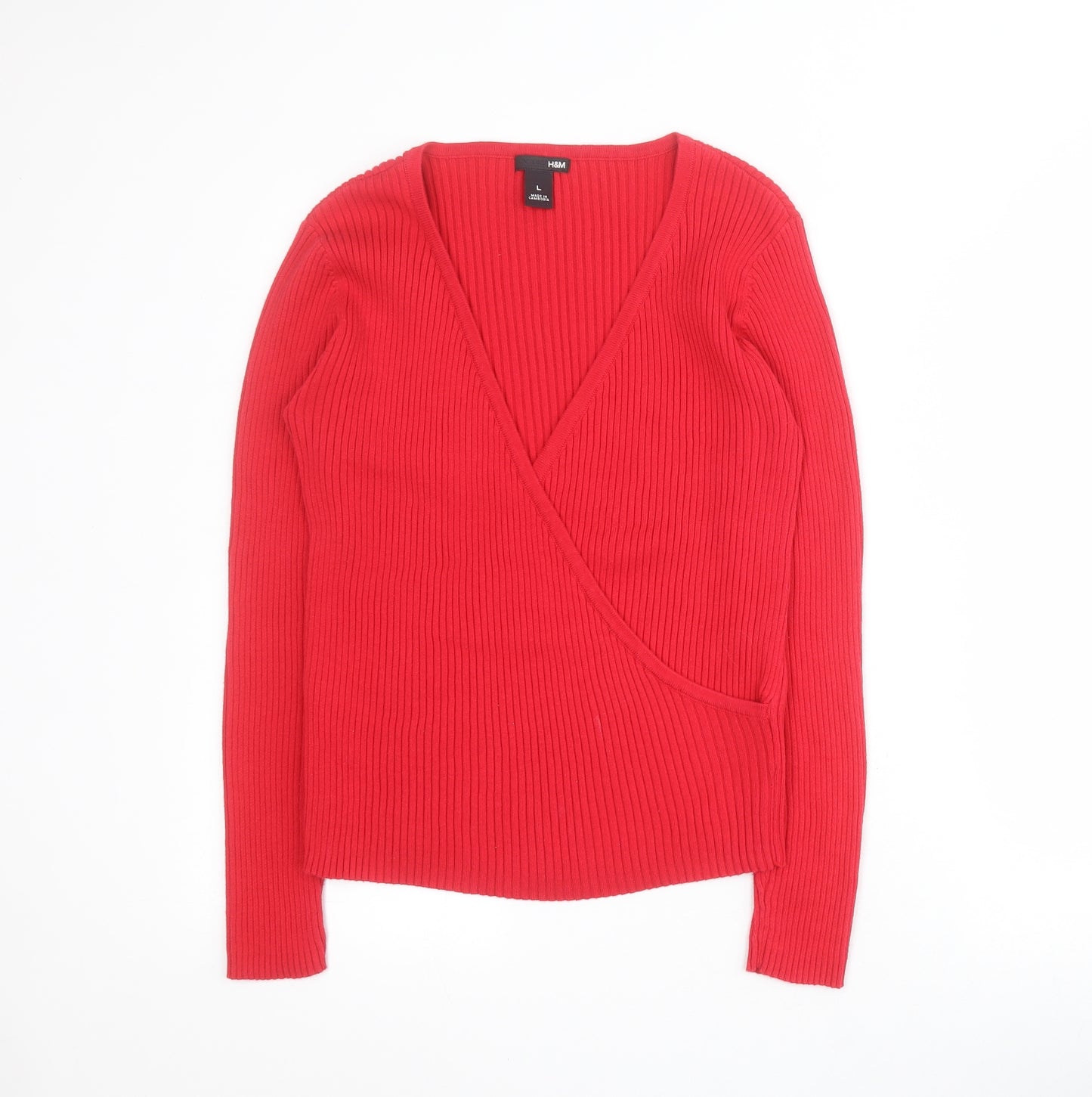 H&M Womens Red V-Neck  100% Cotton Pullover Jumper Size L   - Ribbed