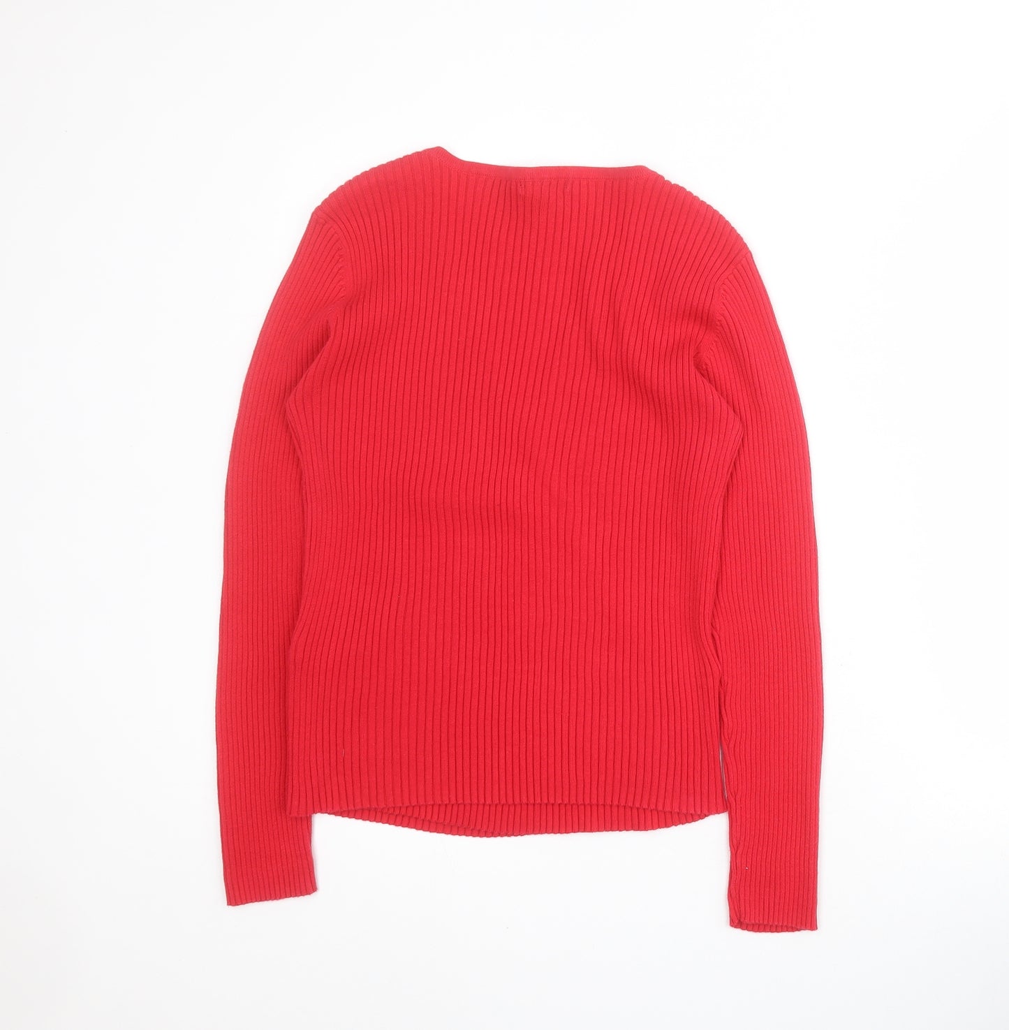 H&M Womens Red V-Neck  100% Cotton Pullover Jumper Size L   - Ribbed