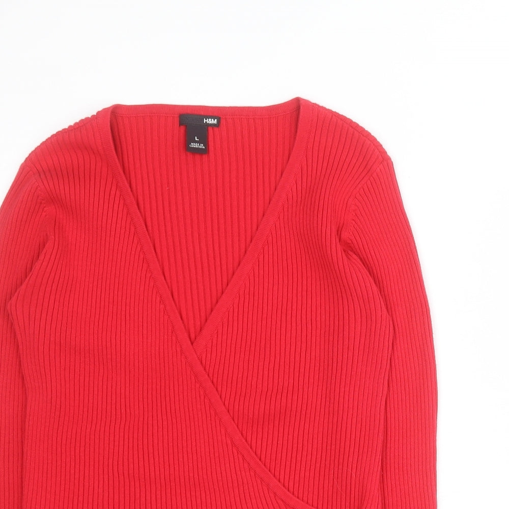 H&M Womens Red V-Neck  100% Cotton Pullover Jumper Size L   - Ribbed