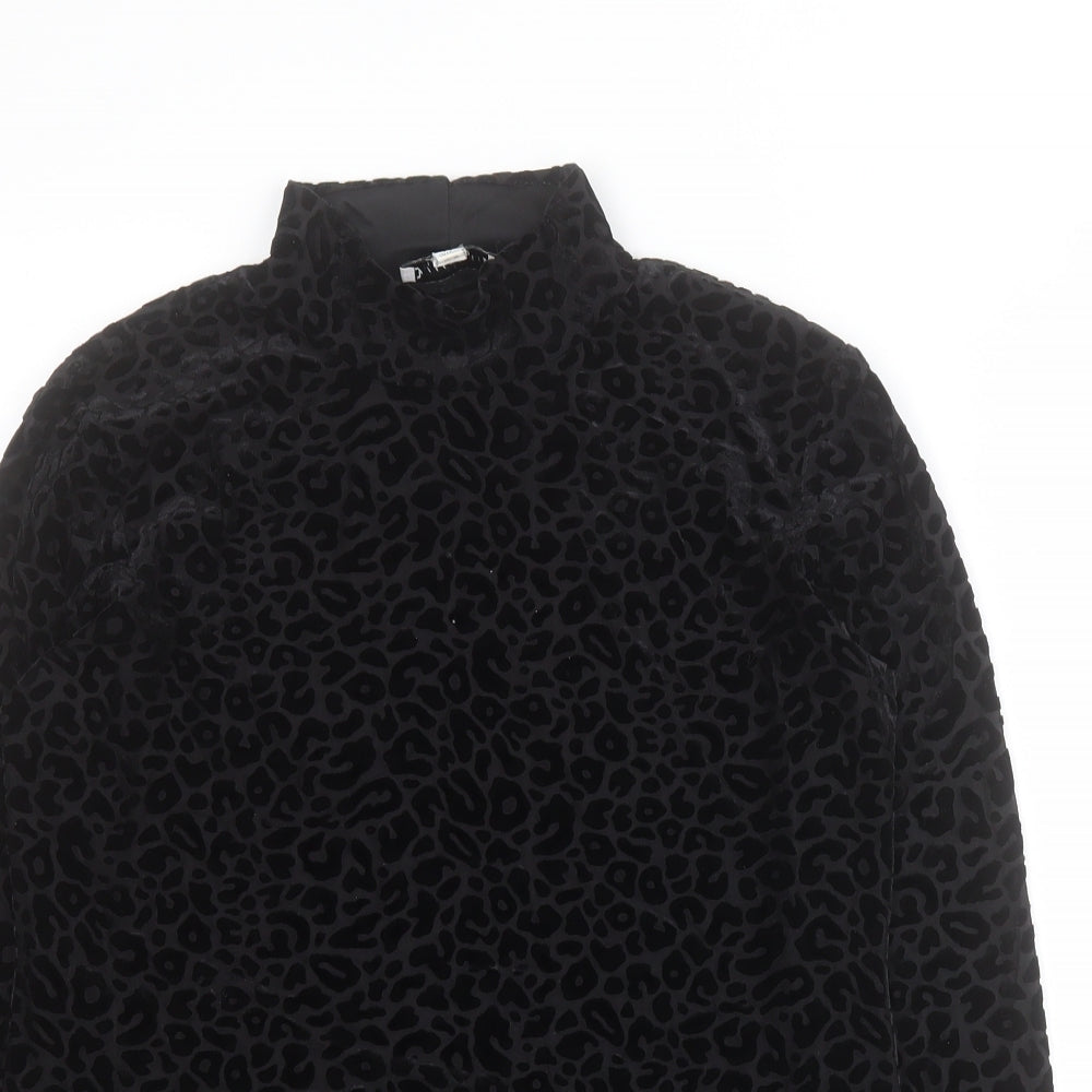 Warehouse Womens Black Animal Print Polyester Basic T-Shirt Size 14 High Neck