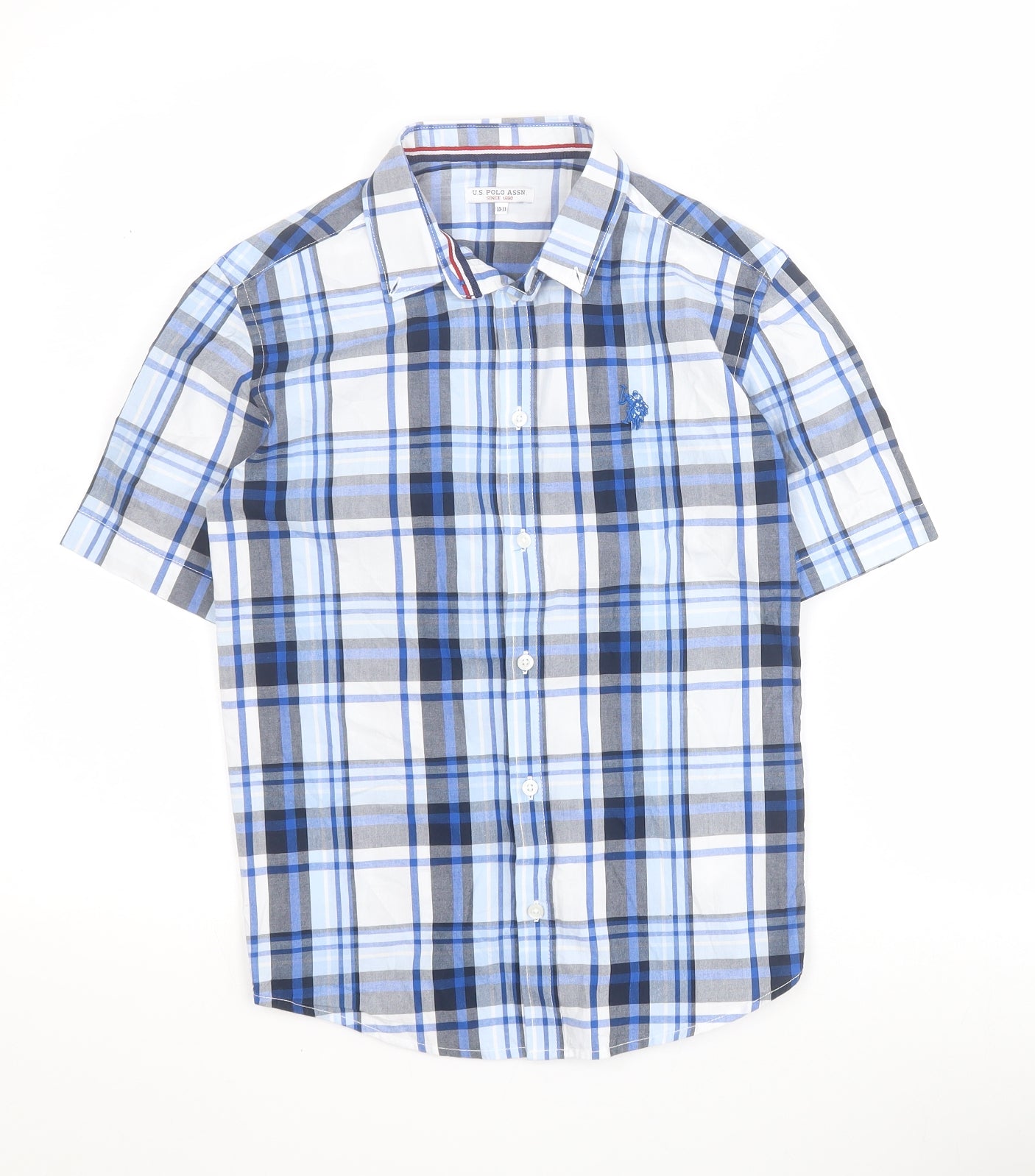 US Polo Assn Boys Blue Plaid 100% Cotton Basic Button-Up Size 10-11 Years Collared Button