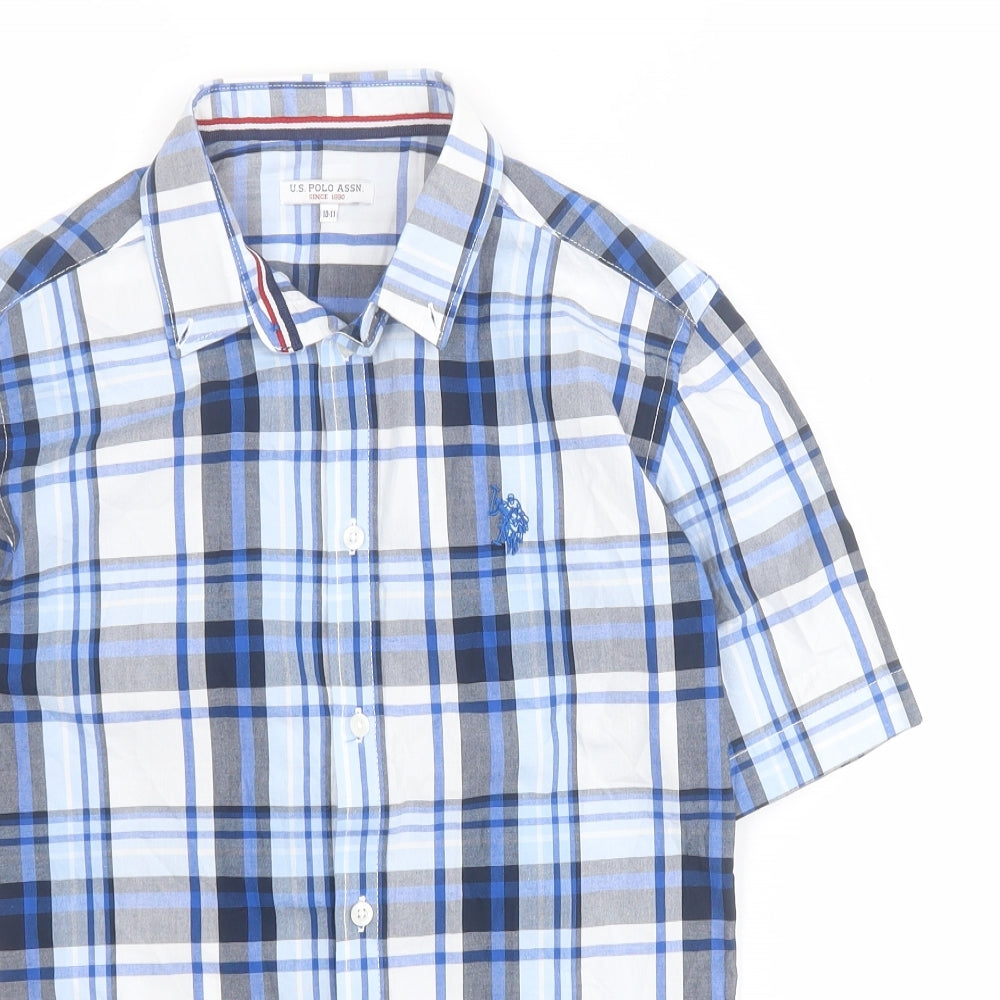US Polo Assn Boys Blue Plaid 100% Cotton Basic Button-Up Size 10-11 Years Collared Button