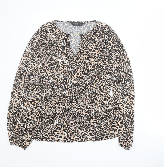 Front view of F&F women’s beige animal print polyester basic t-shirt, size UK 6, round neck