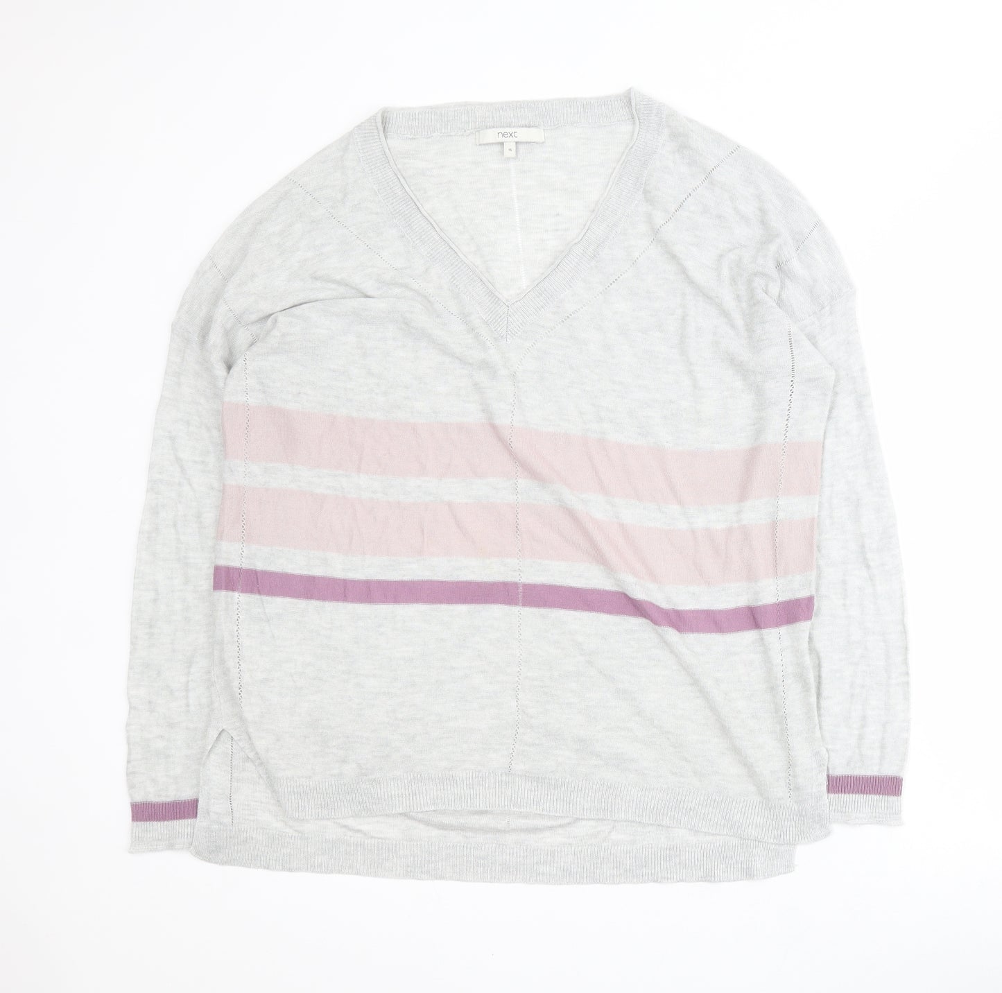 NEXT Womens Grey V-Neck Striped Viscose Pullover Jumper Size 16