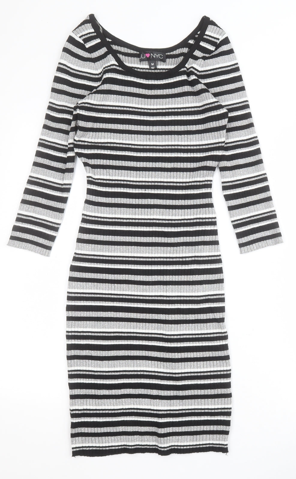 LU NYC Womens Black Striped Viscose Bodycon  Size M  Round Neck Pullover
