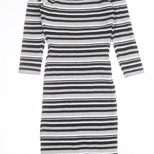 LU NYC Womens Black Striped Viscose Bodycon  Size M  Round Neck Pullover