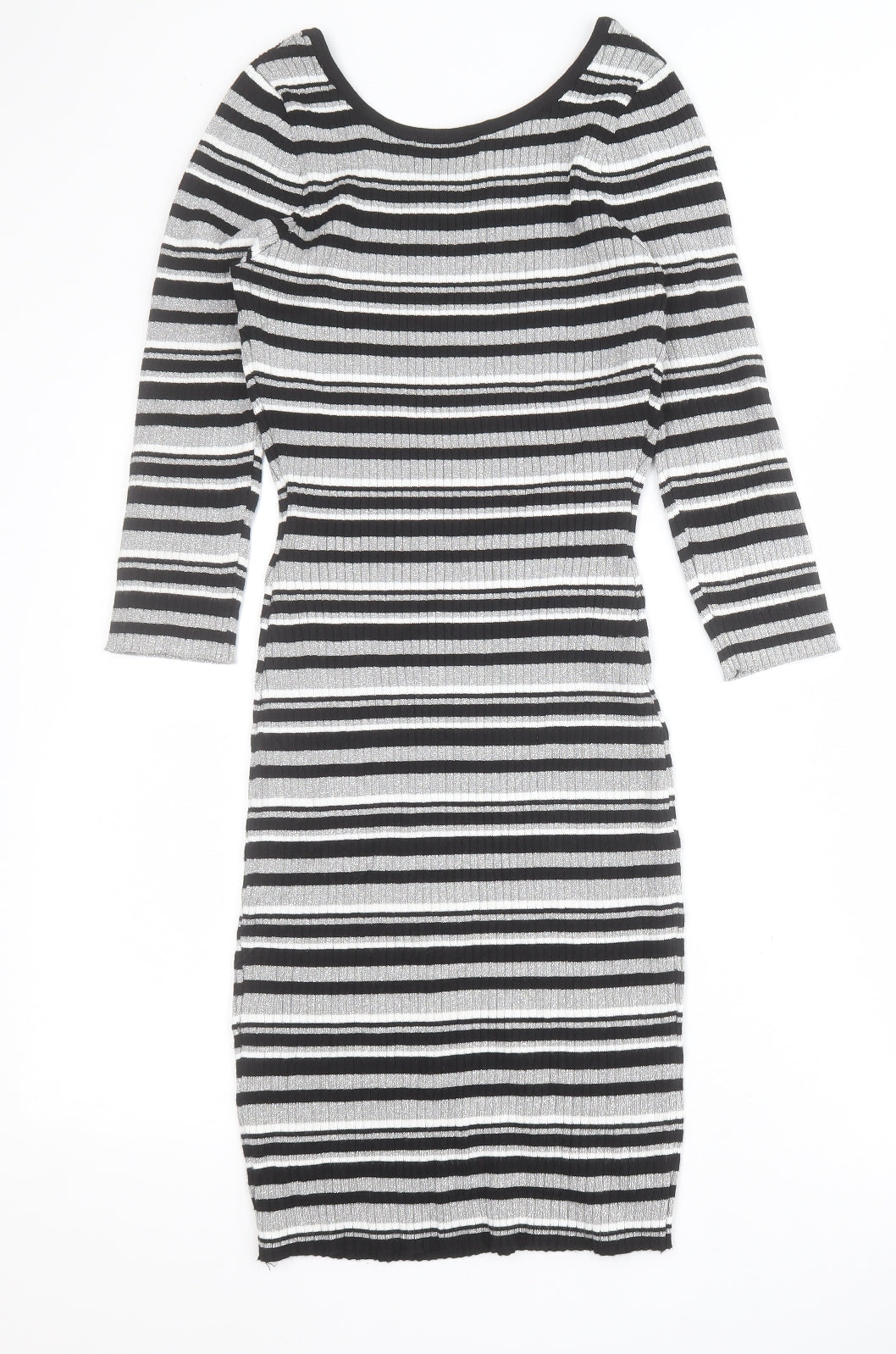 LU NYC Womens Black Striped Viscose Bodycon  Size M  Round Neck Pullover