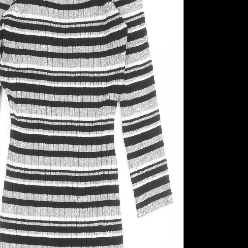 LU NYC Womens Black Striped Viscose Bodycon  Size M  Round Neck Pullover