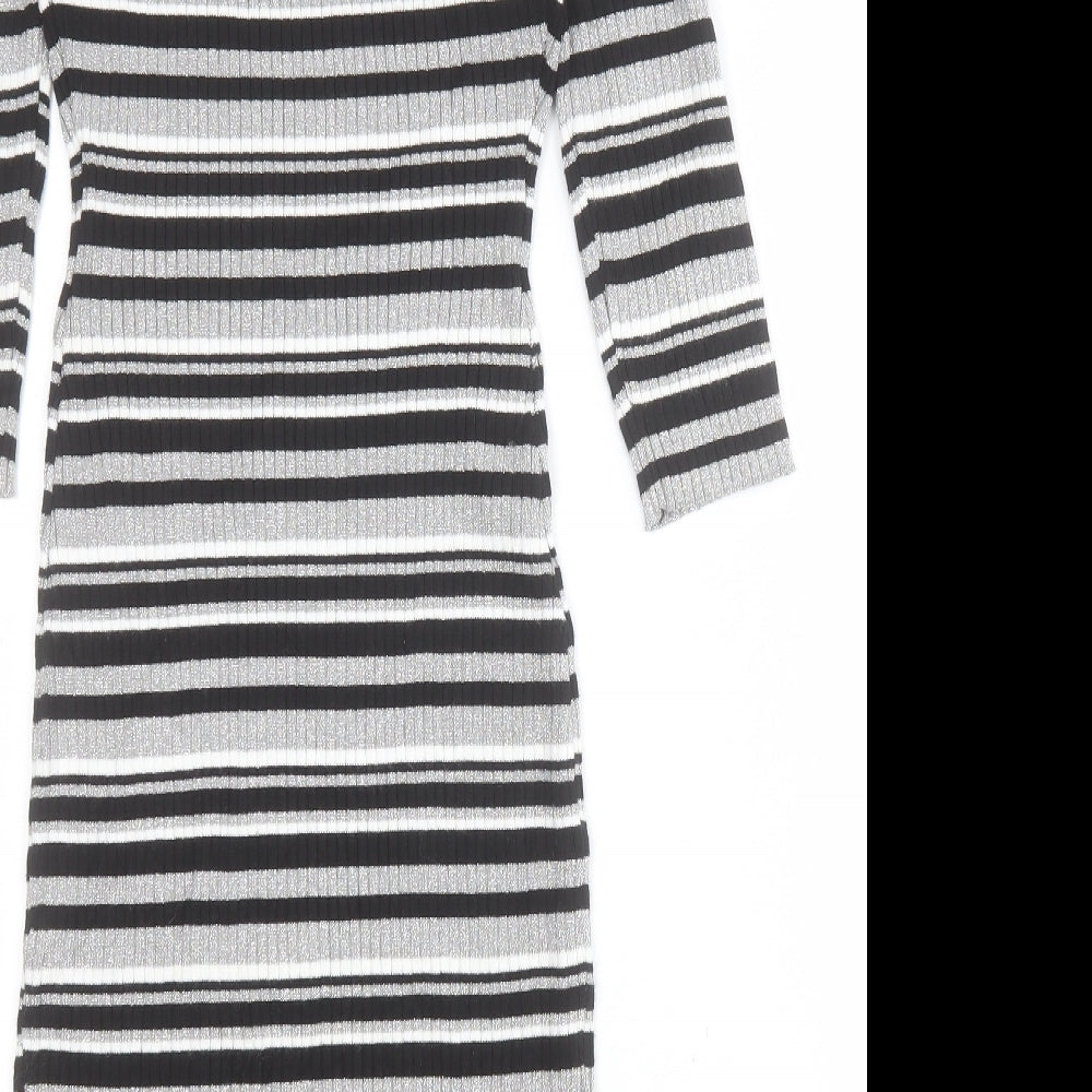 LU NYC Womens Black Striped Viscose Bodycon  Size M  Round Neck Pullover