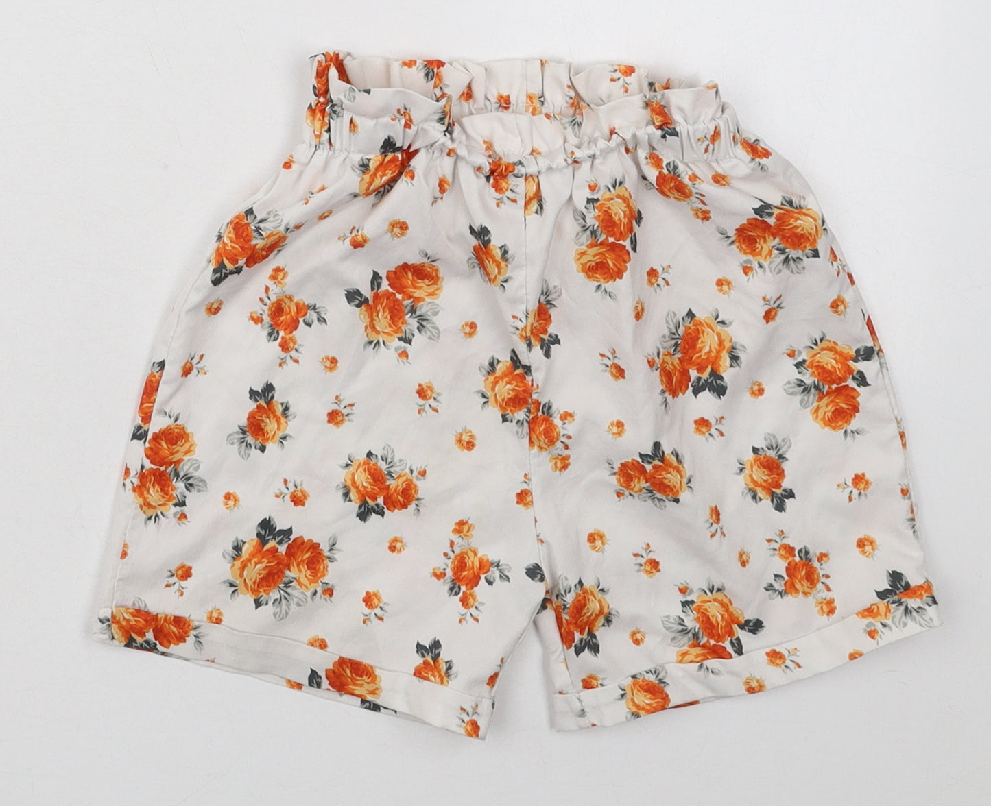 SheIn Girls White Floral Cotton Paperbag Shorts Size 6-7 Years  Regular  - Orange Flowers