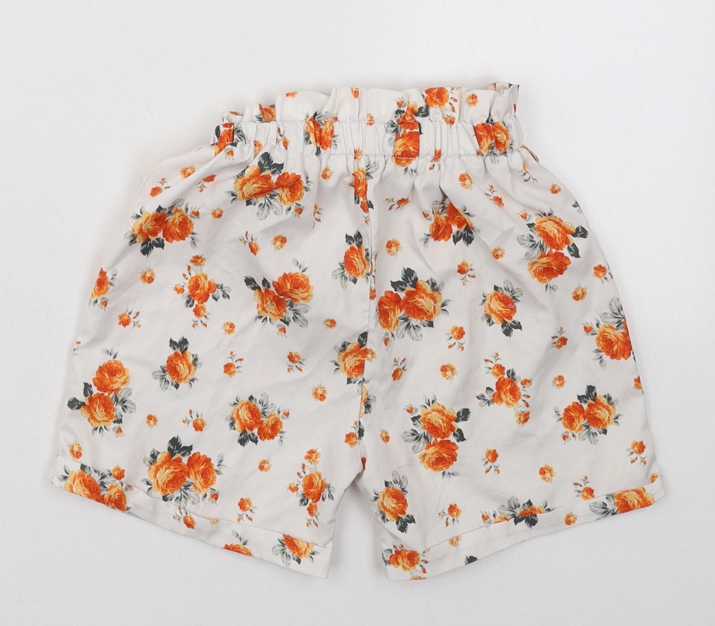 SheIn Girls White Floral Cotton Paperbag Shorts Size 6-7 Years  Regular  - Orange Flowers