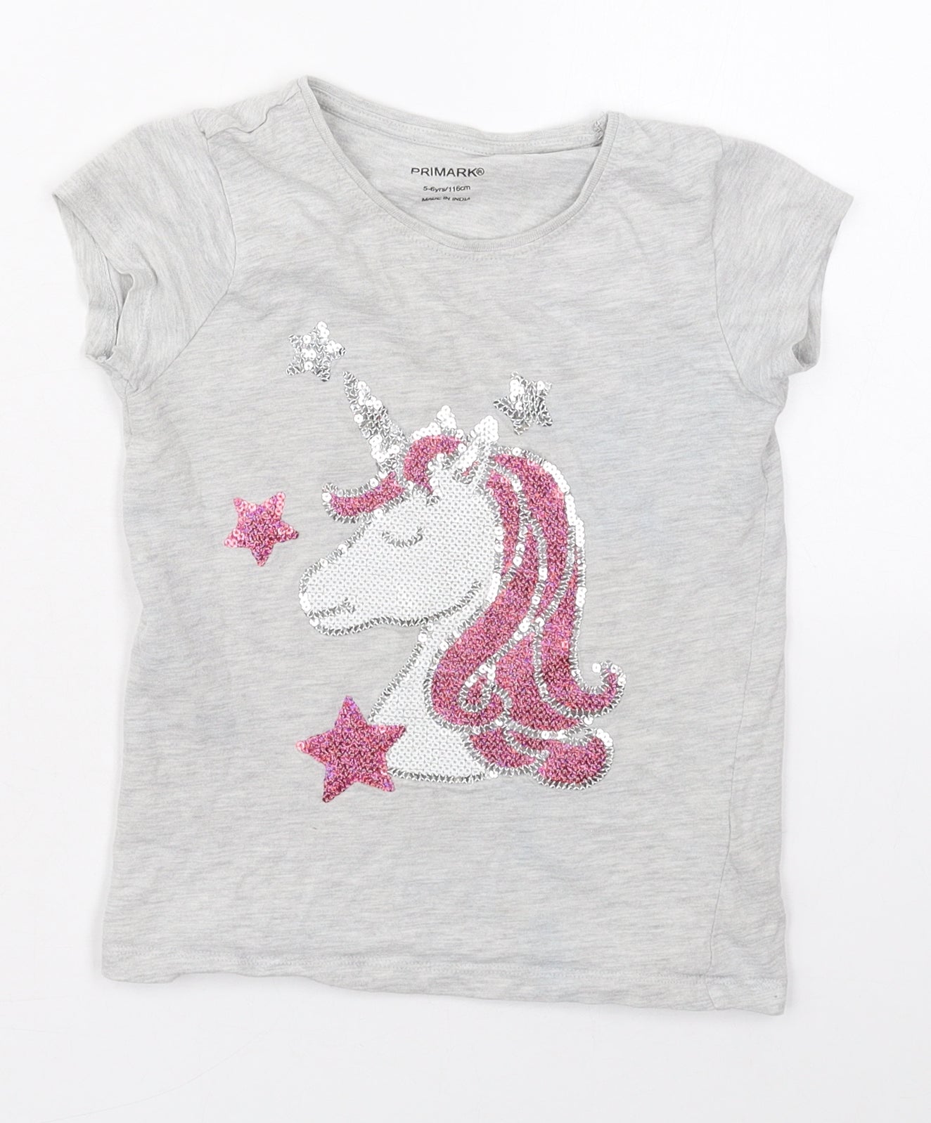Primark Girls Grey  Cotton Basic T-Shirt Size 5-6 Years Crew Neck Pullover - Unicorn