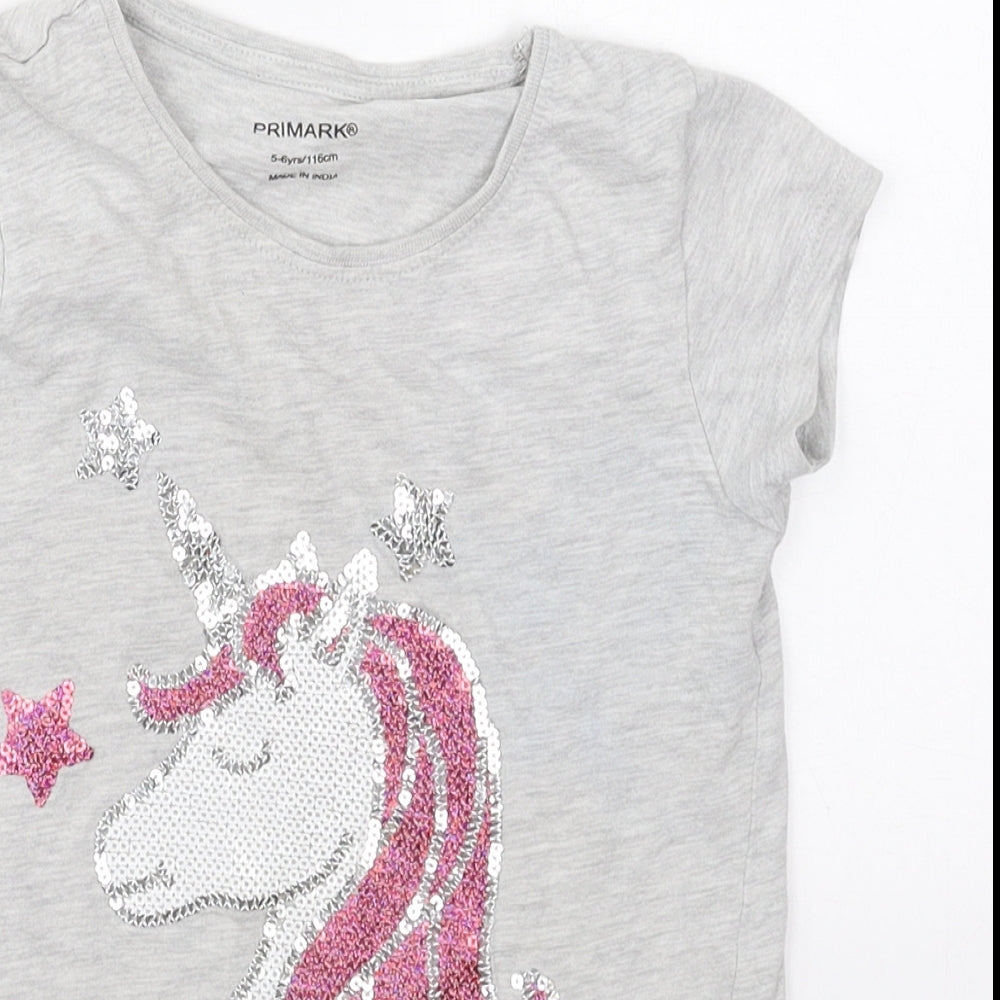 Primark Girls Grey  Cotton Basic T-Shirt Size 5-6 Years Crew Neck Pullover - Unicorn
