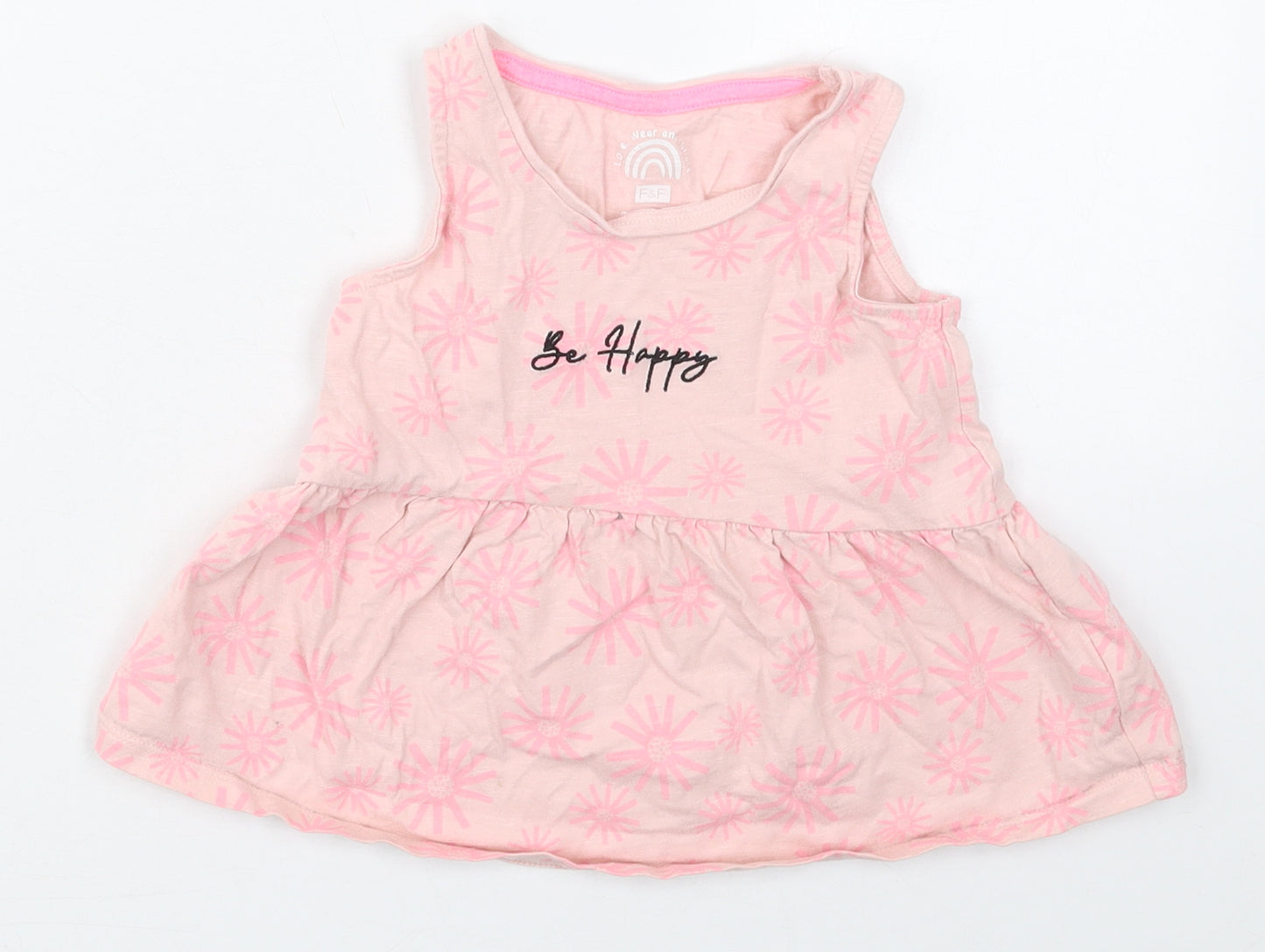 F&F Girls Pink Geometric Cotton Basic Tank Size 3-4 Years Crew Neck Pullover - Be Happy