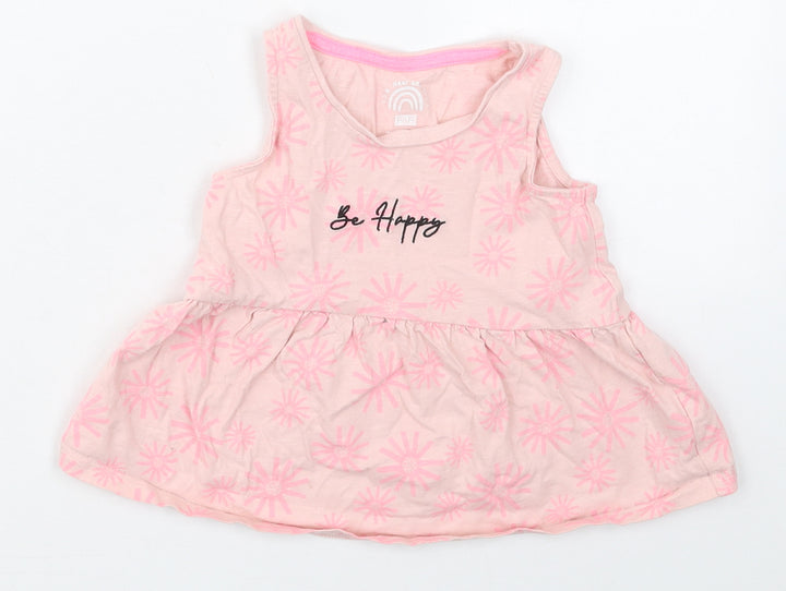 F&F Girls Pink Geometric Cotton Basic Tank Size 3-4 Years Crew Neck Pullover - Be Happy