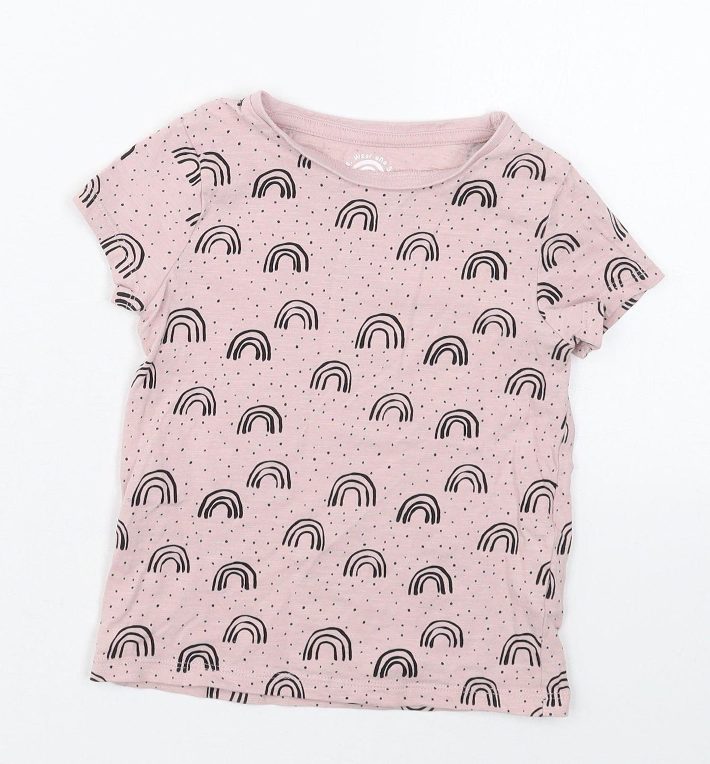 F&F Girls Pink  Cotton Basic T-Shirt Size 3-4 Years Crew Neck Pullover - Rainbows