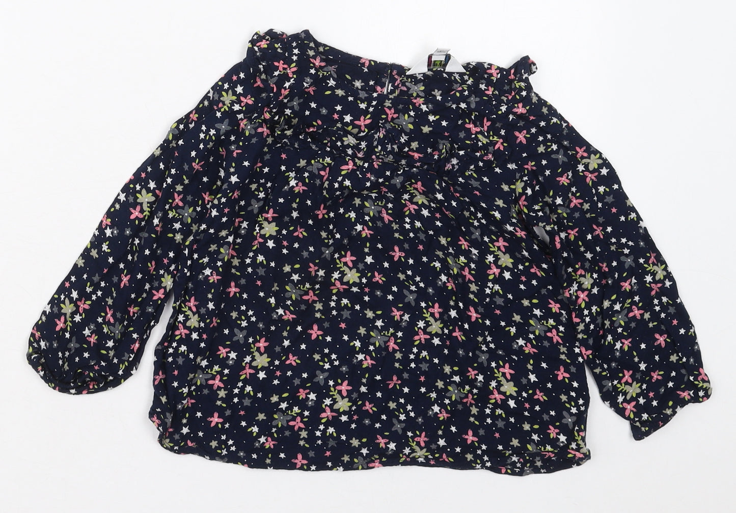 Outfit Girls Blue Floral Viscose Basic Blouse Size 2-3 Years Round Neck Pullover