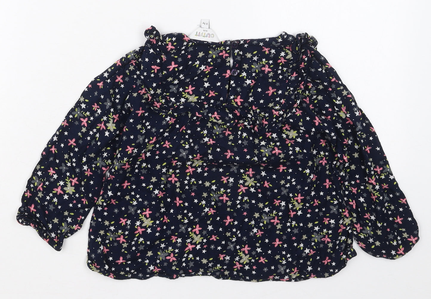 Outfit Girls Blue Floral Viscose Basic Blouse Size 2-3 Years Round Neck Pullover