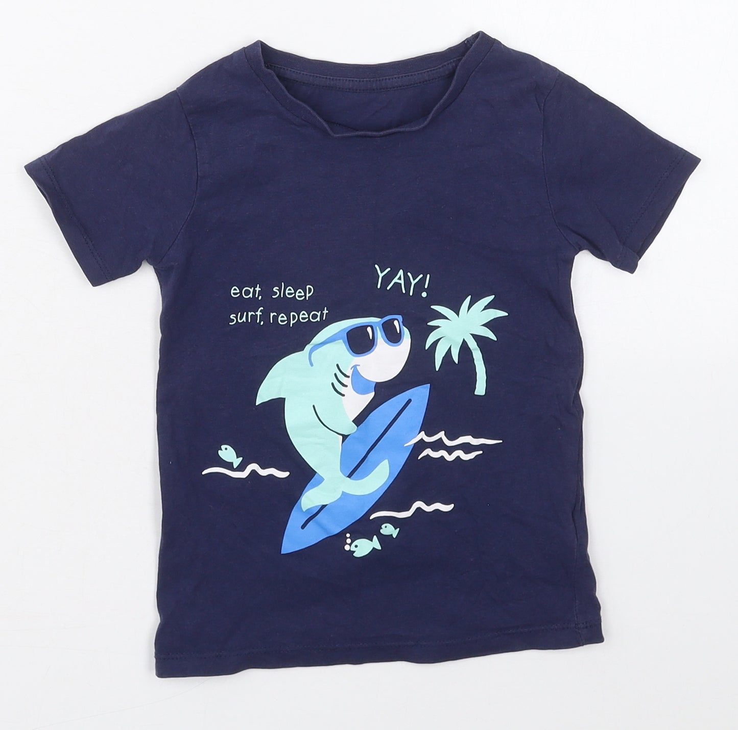 Dunnes Boys Blue  Cotton Basic T-Shirt Size 3-4 Years Crew Neck Pullover - Eat Sleep Surf Repeat Shark