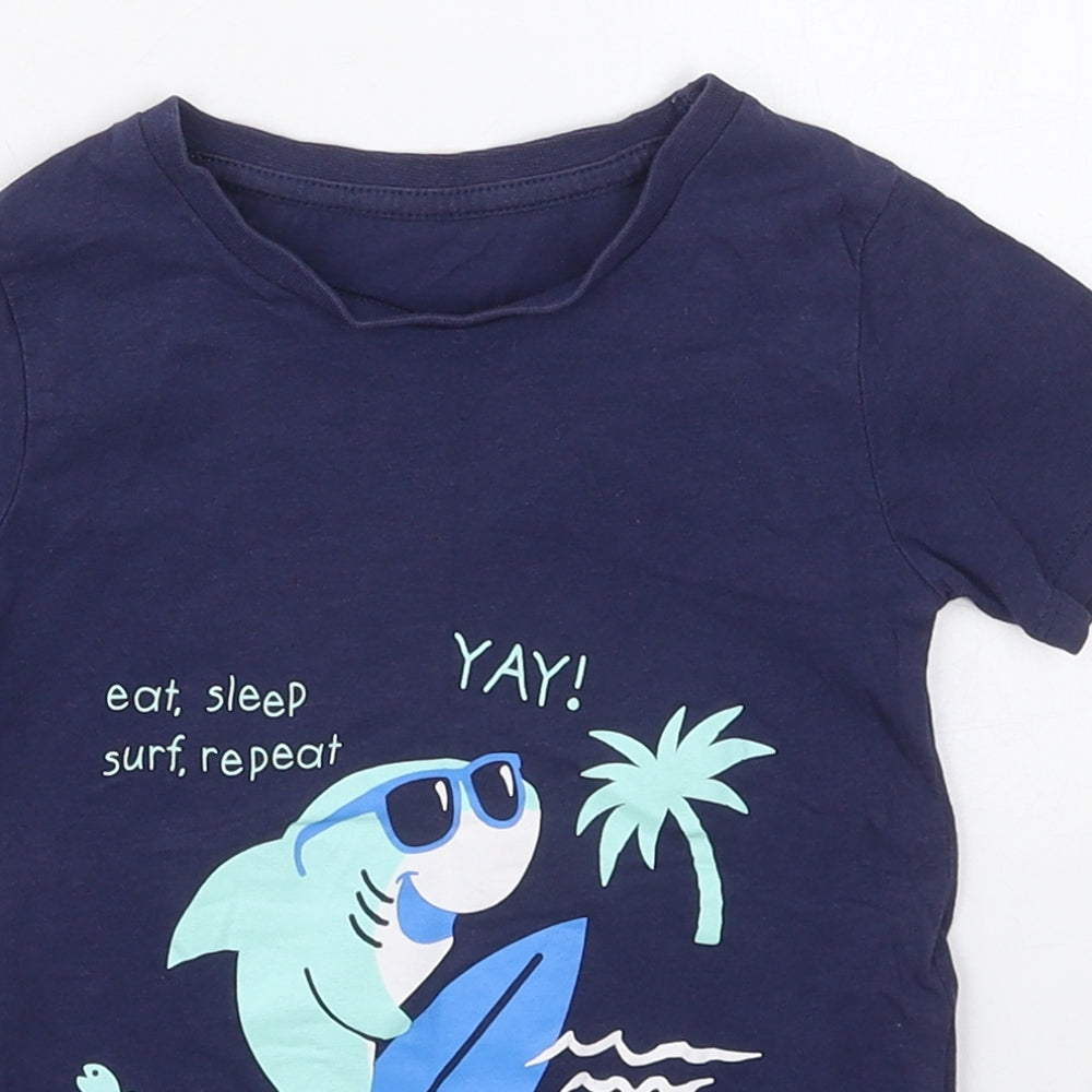 Dunnes Boys Blue  Cotton Basic T-Shirt Size 3-4 Years Crew Neck Pullover - Eat Sleep Surf Repeat Shark