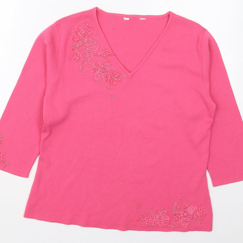 Heather Valley Womens Pink V-Neck  Viscose Pullover Jumper Size 12   - Flowers