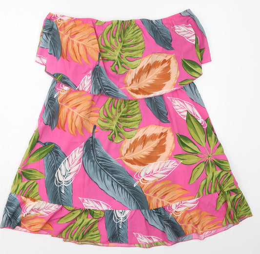 Front view of SHEIN women’s pink floral polyester a-line, size XL, off the shoulder pullover - leaf prints