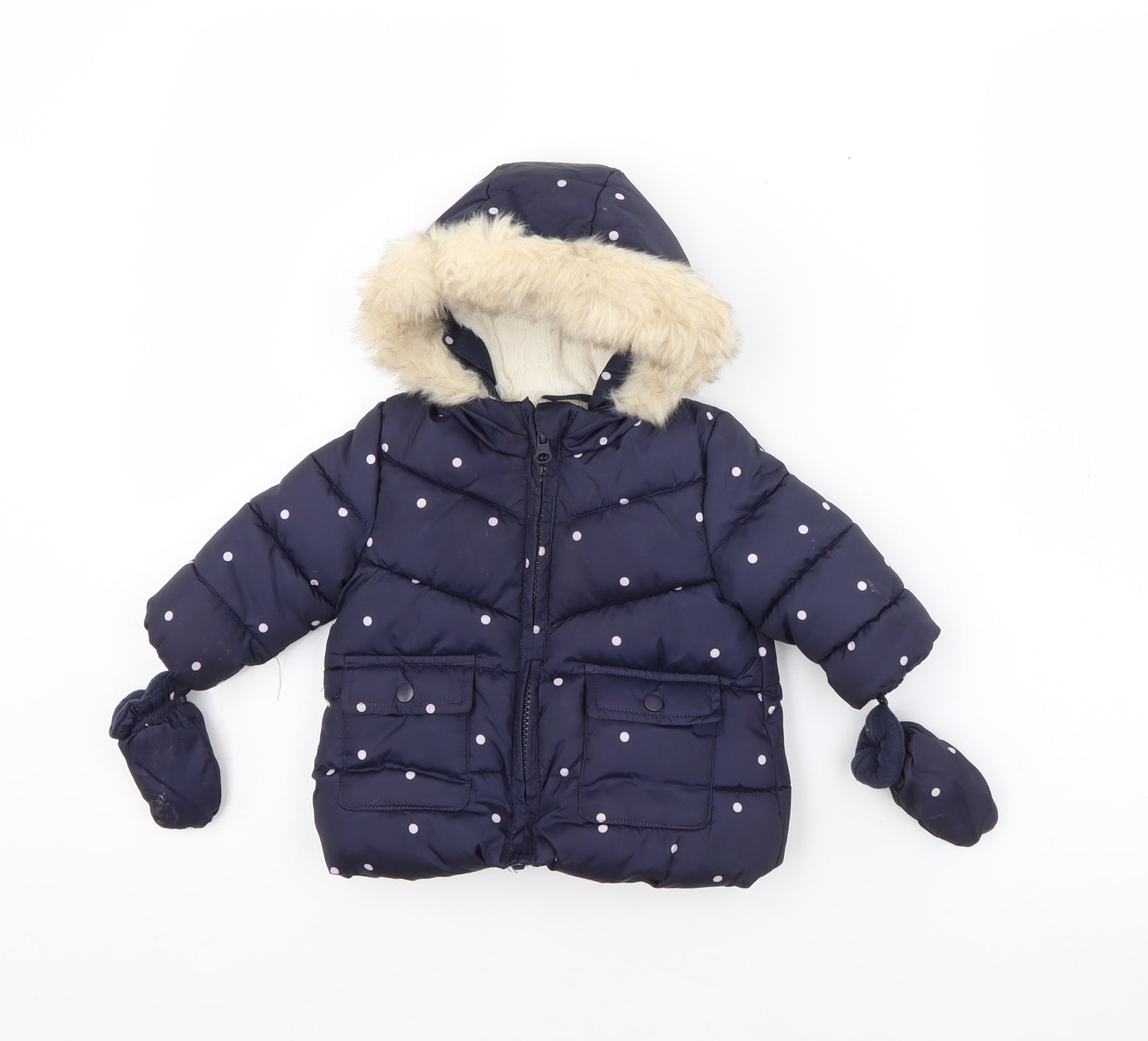 Primark Girls Blue Polka Dot  Puffer Jacket Coat Size 0-3 Months   Zip