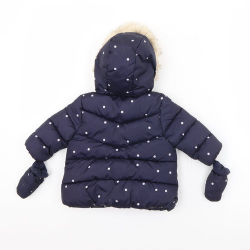 Primark Girls Blue Polka Dot  Puffer Jacket Coat Size 0-3 Months   Zip