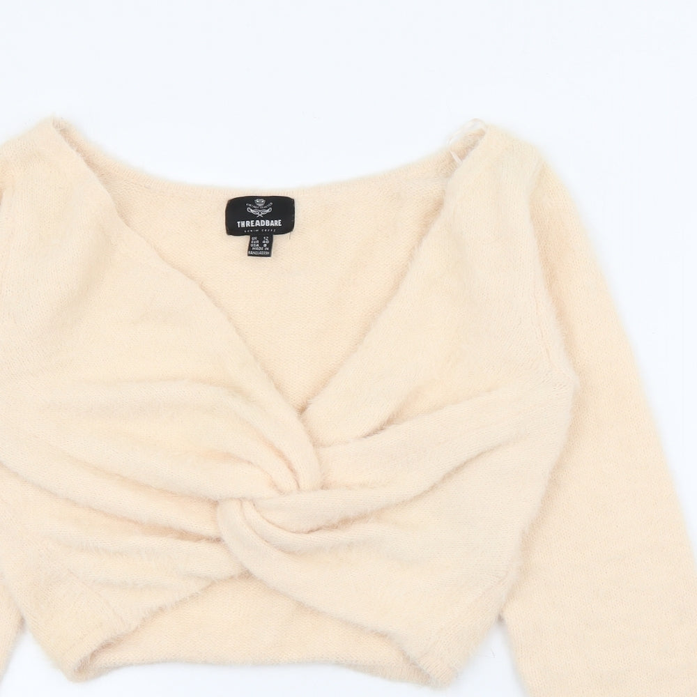 Threadbare Womens Ivory V-Neck  Nylon Pullover Jumper Size 12