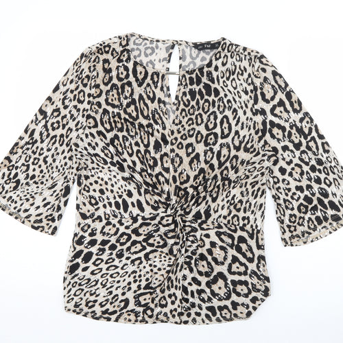 F&F Womens Beige Round Neck Animal Print Polyester Pullover Jumper Size 12